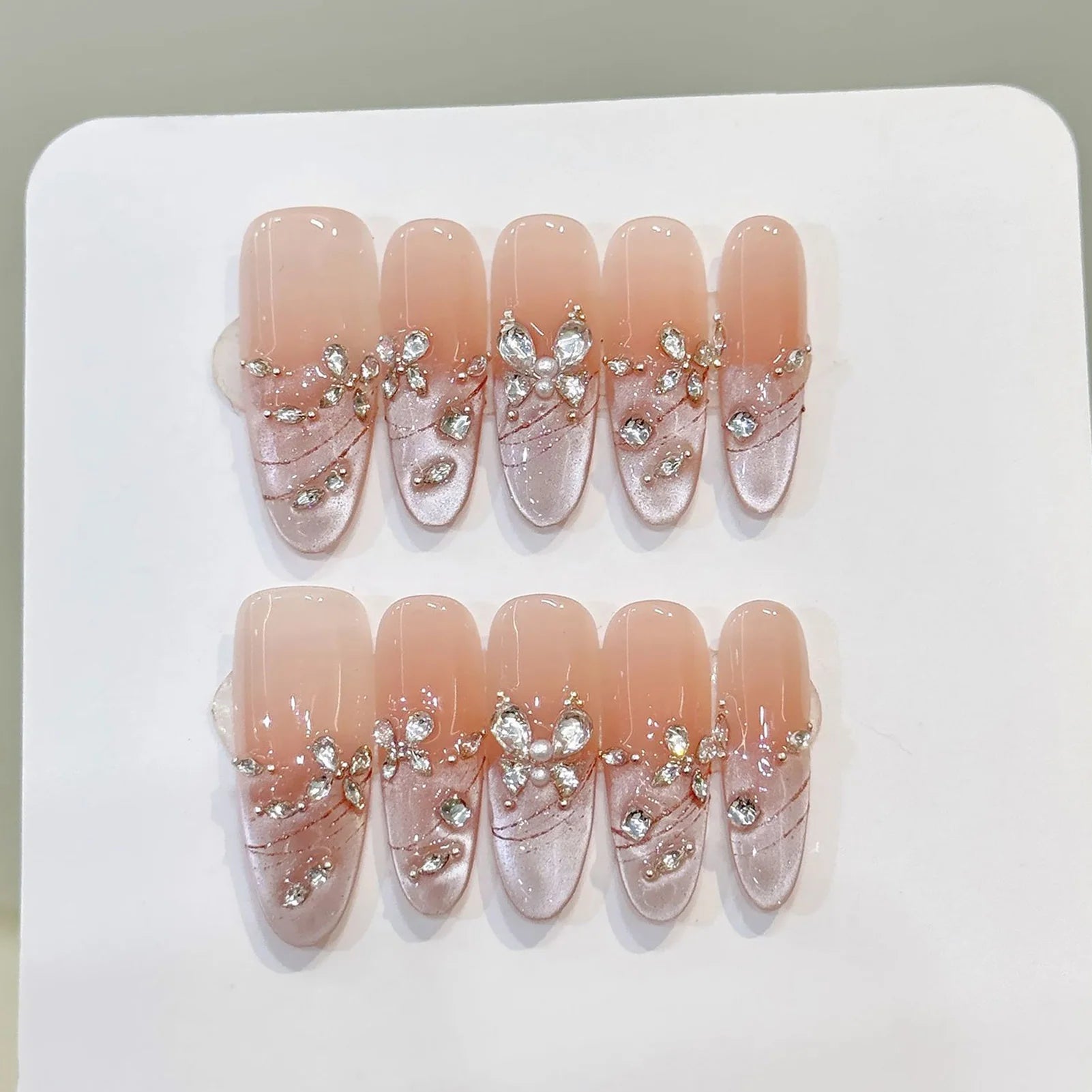 10pcs Handmade Press on Nails Pink Butterfly Design Fake Nails Wearable Reusable Glitter Cat Eye Sweet Korean False Nail Tips - Hands of Hope