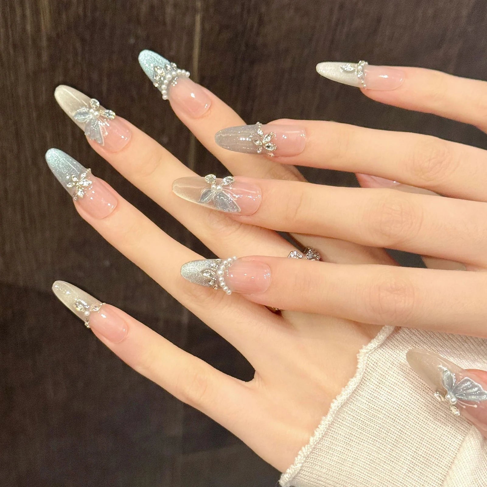 10pcs Handmade Press on Nails Pink Butterfly Design Fake Nails Wearable Reusable Glitter Cat Eye Sweet Korean False Nail Tips - Hands of Hope