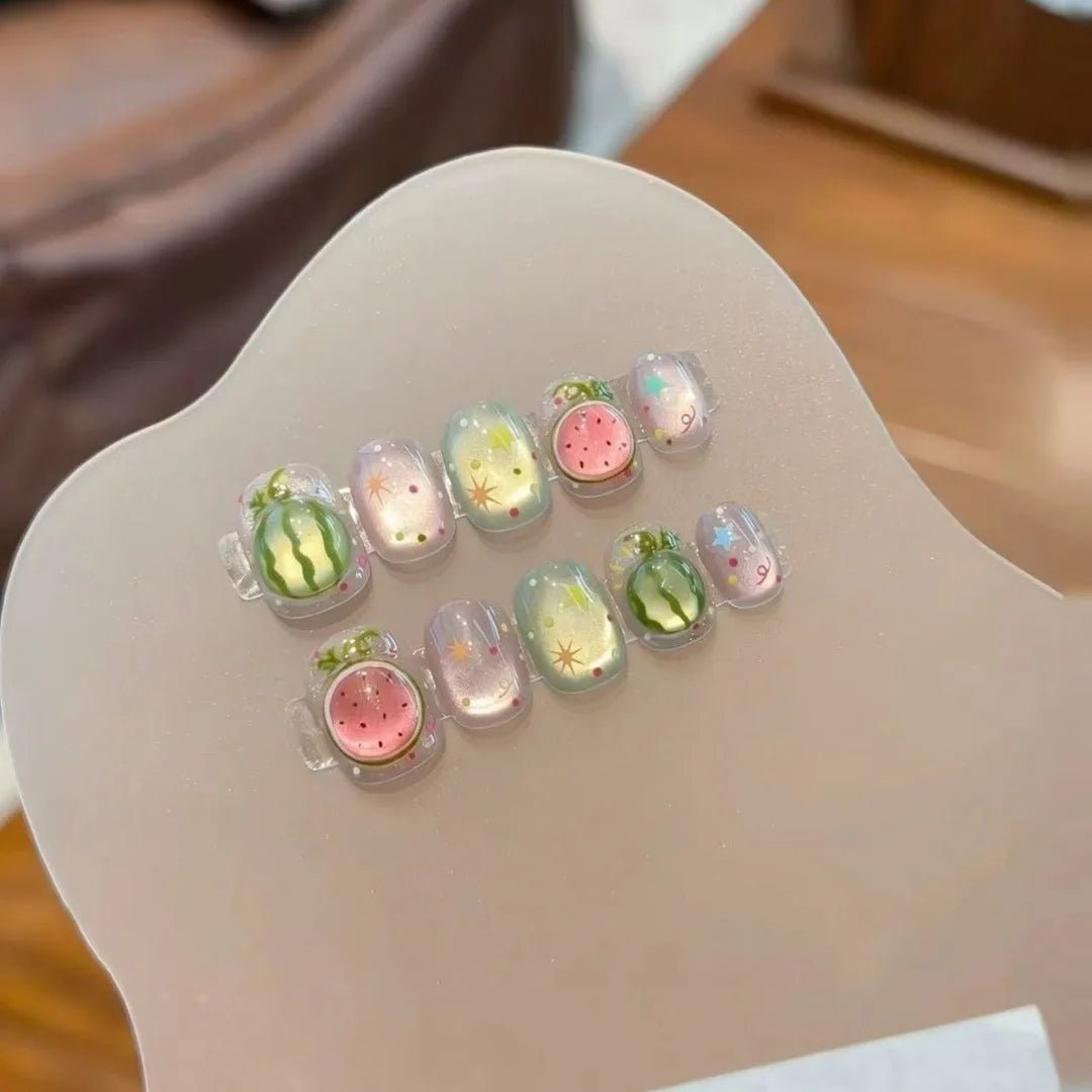 10pcs Handmade Press on Nails Short Square Watermelon Star - Moon Full Coverage Nail Tips for Women&Girl Removable Wearable nail - Hands of Hope