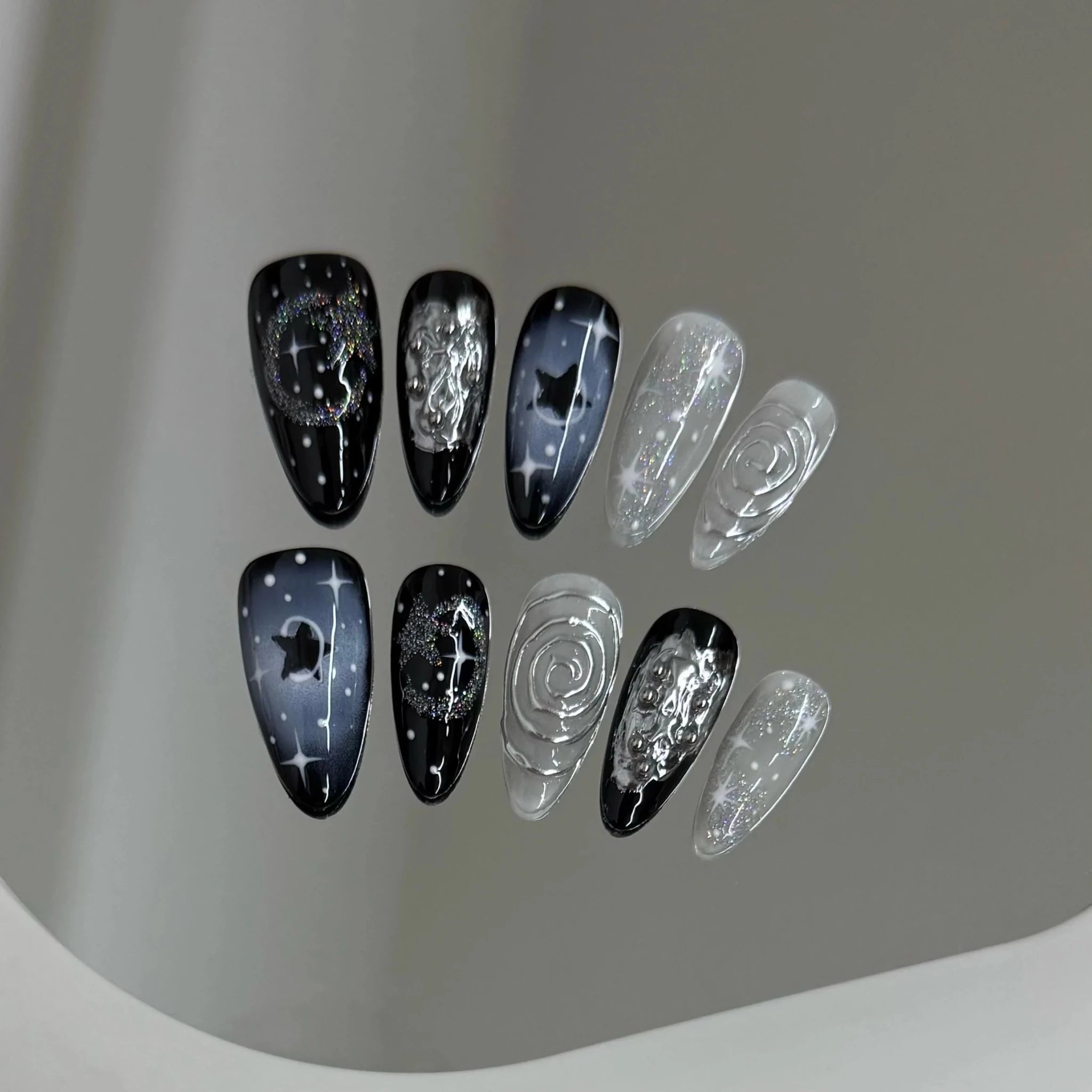 10pcs Handmade Press on Nails Y2k Starry Night Sky Almond Fake Nail Tips Detachable Wearable Sweet Cool False Nails for Girls - Hands of Hope
