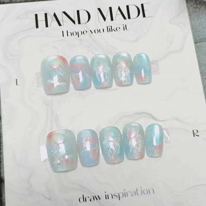 10pcs Jellyfish Cat's Eye Press On Nails False Nails Square Head Girl Lady Press on Nail Wearable Detachable Nail Tips - Hands of Hope
