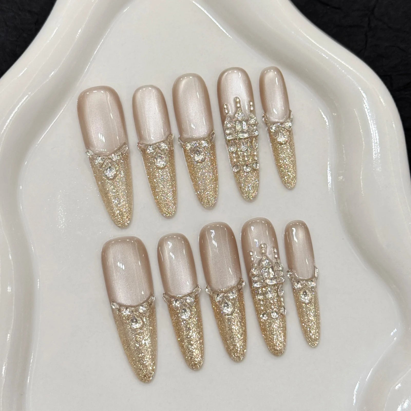 10pcs Long Almond Fake Nails Tips With Green Cat's Eye Handmade French Press On Nail Flower Pearl Design False Nail Detachable - Hands of Hope