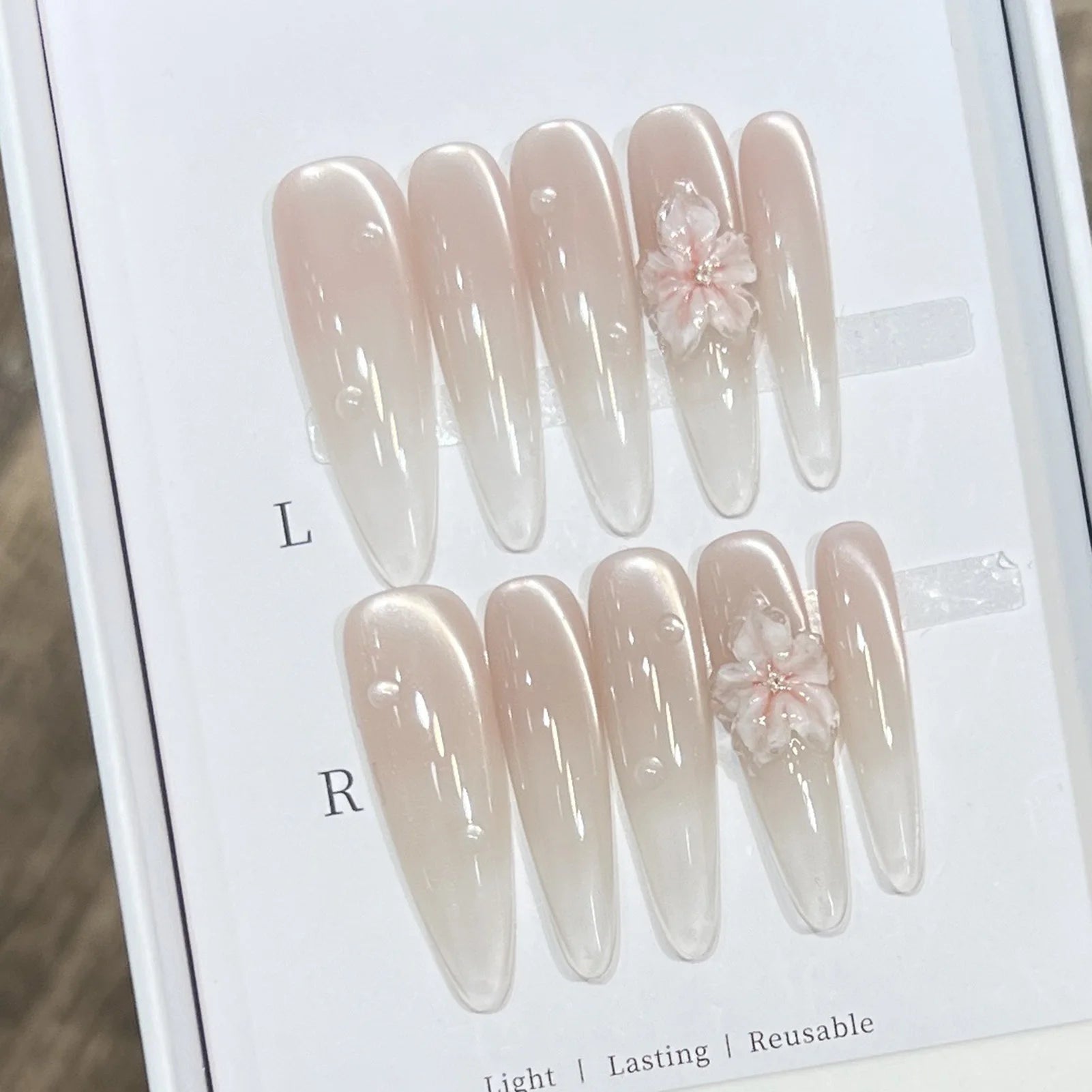 10pcs Long Almond Fake Nails Tips With Green Cat's Eye Handmade French Press On Nail Flower Pearl Design False Nail Detachable - Hands of Hope