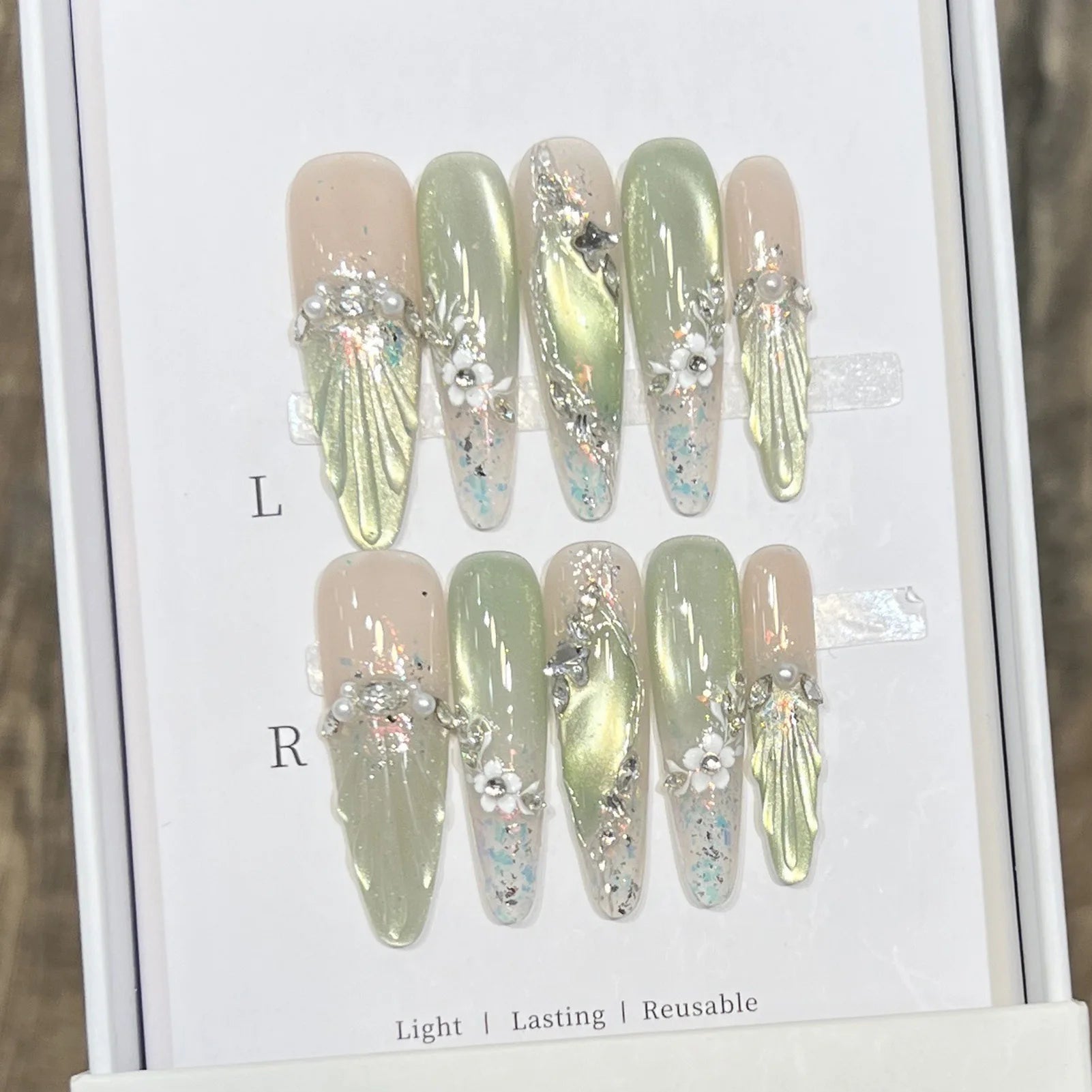 10pcs Long Almond Fake Nails Tips With Green Cat's Eye Handmade French Press On Nail Flower Pearl Design False Nail Detachable - Hands of Hope