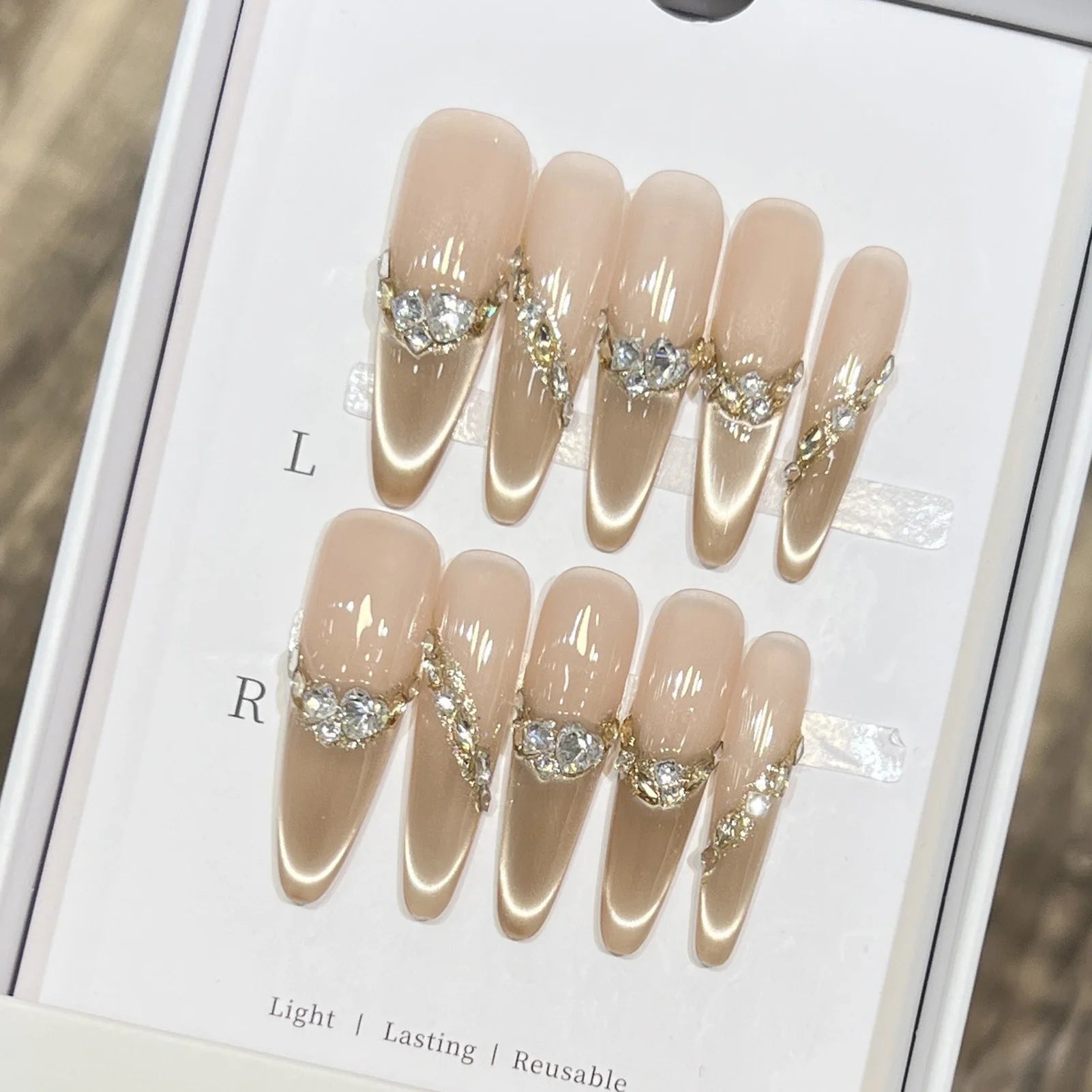 10pcs Long Almond Fake Nails Tips With Green Cat's Eye Handmade French Press On Nail Flower Pearl Design False Nail Detachable - Hands of Hope