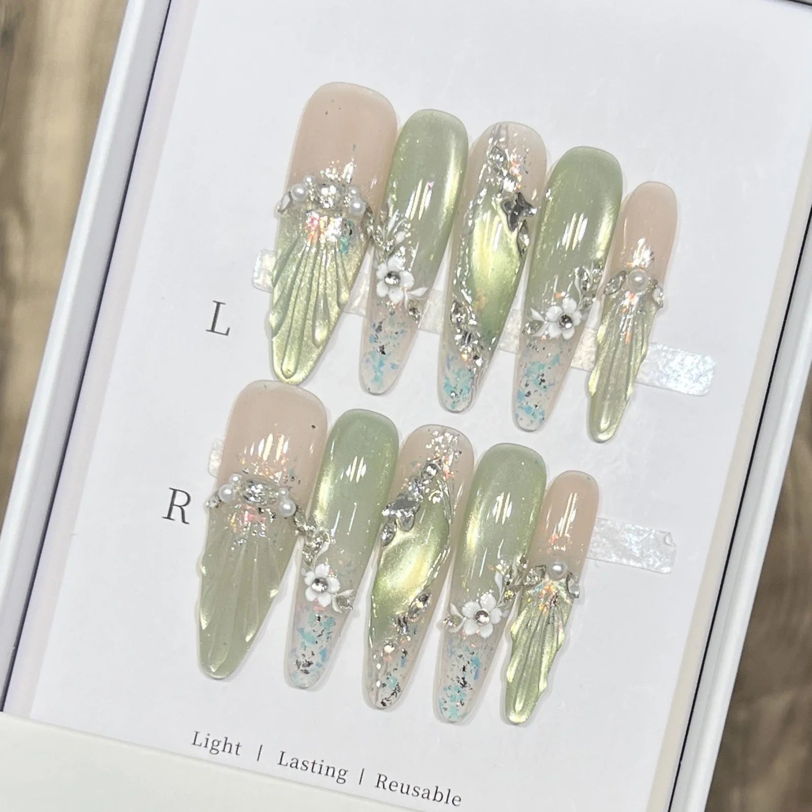 10pcs Long Almond Fake Nails Tips With Green Cat's Eye Handmade French Press On Nail Flower Pearl Design False Nail Detachable - Hands of Hope