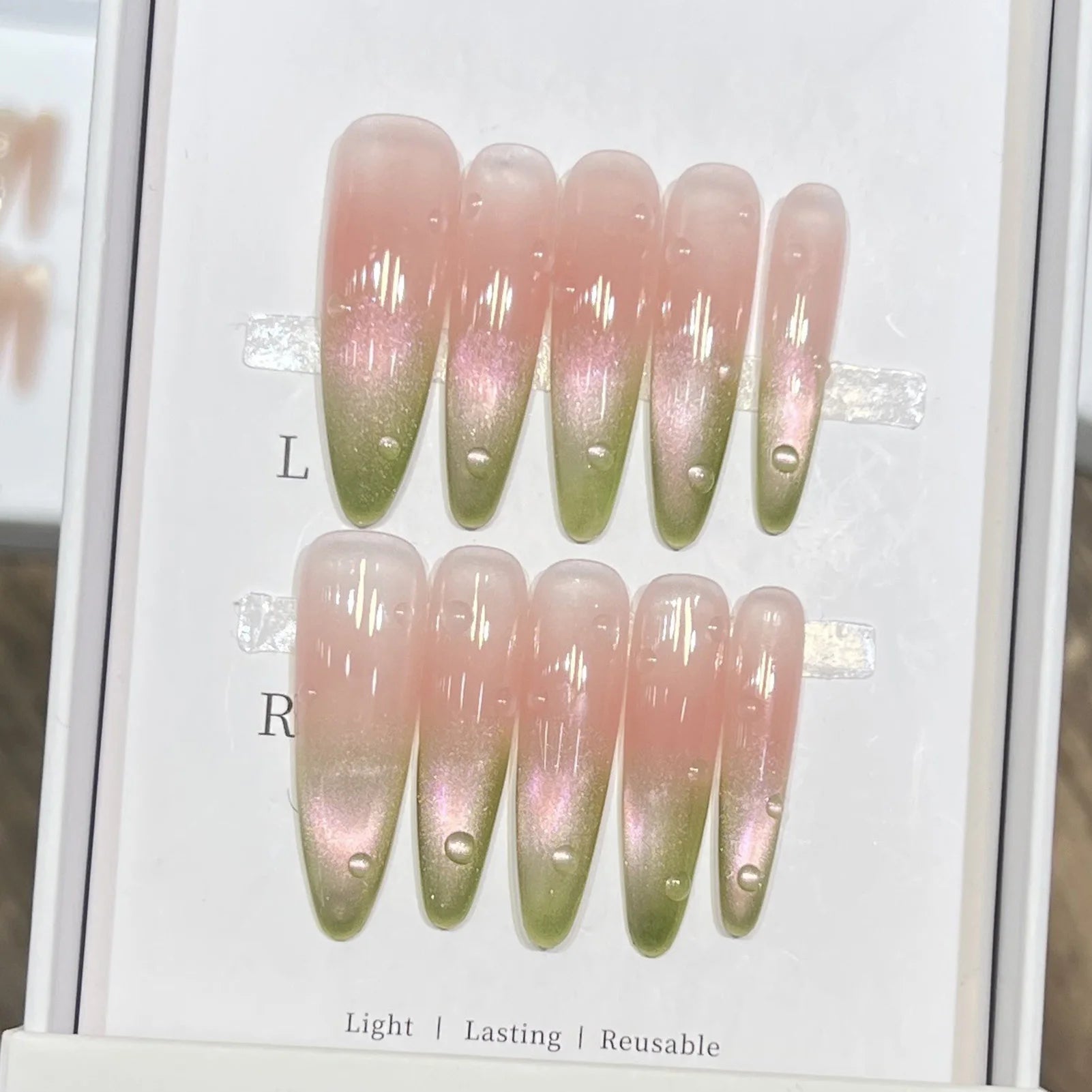 10pcs Long Almond Fake Nails Tips With Green Cat's Eye Handmade French Press On Nail Flower Pearl Design False Nail Detachable - Hands of Hope