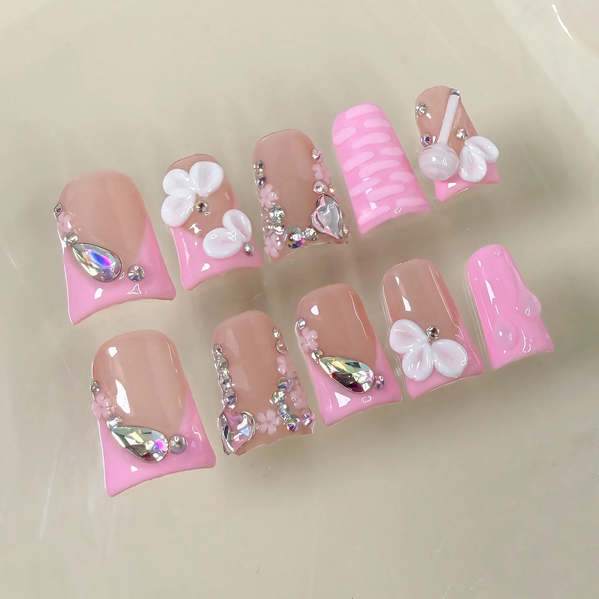 10pcs Pink Duckbill Handmade Press on Nails Art Simple White French Short Fake Nail Wearable Rhinestones Design False Nails Tips - Hands of Hope