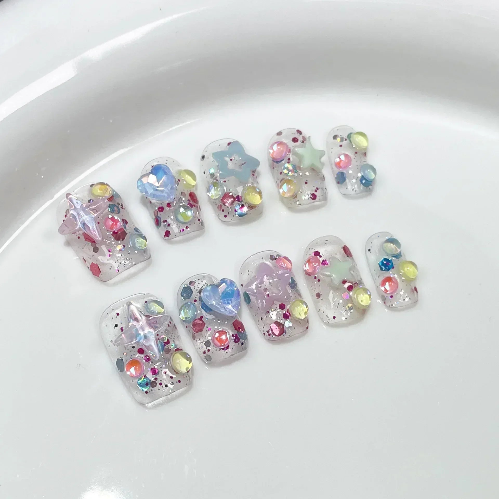 10Pcs Pink Handmade Press On Nails Full Cover Bear Heart Design Short Round Rhinestone False Nails Wearable Manicure Nail Tips - Hands of Hope