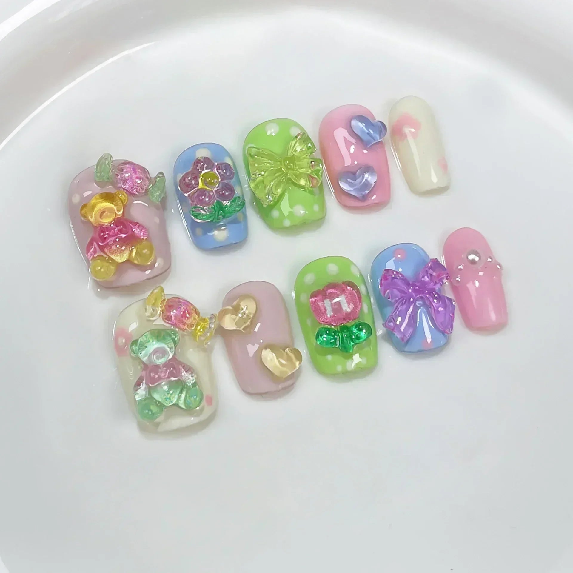 10Pcs Pink Handmade Press On Nails Full Cover Bear Heart Design Short Round Rhinestone False Nails Wearable Manicure Nail Tips - Hands of Hope