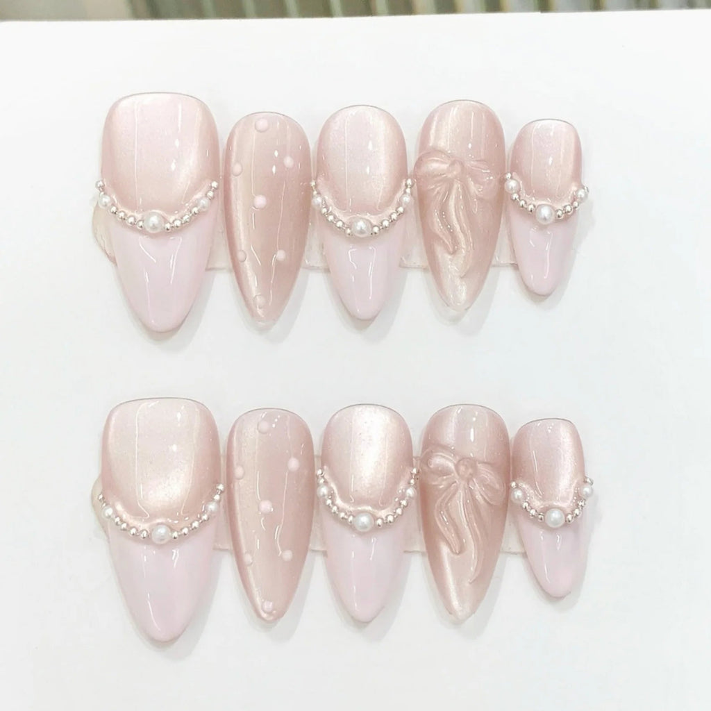 10pcs Purple Cat's Eye Handmade Fake Nails Tips Glitter Mid - length Oval Press on Nails Art Bow Rhinestone Design False Nail Sets - Hands of Hope