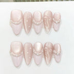 10pcs Purple Cat's Eye Handmade Fake Nails Tips Glitter Mid - length Oval Press on Nails Art Bow Rhinestone Design False Nail Sets - Hands of Hope