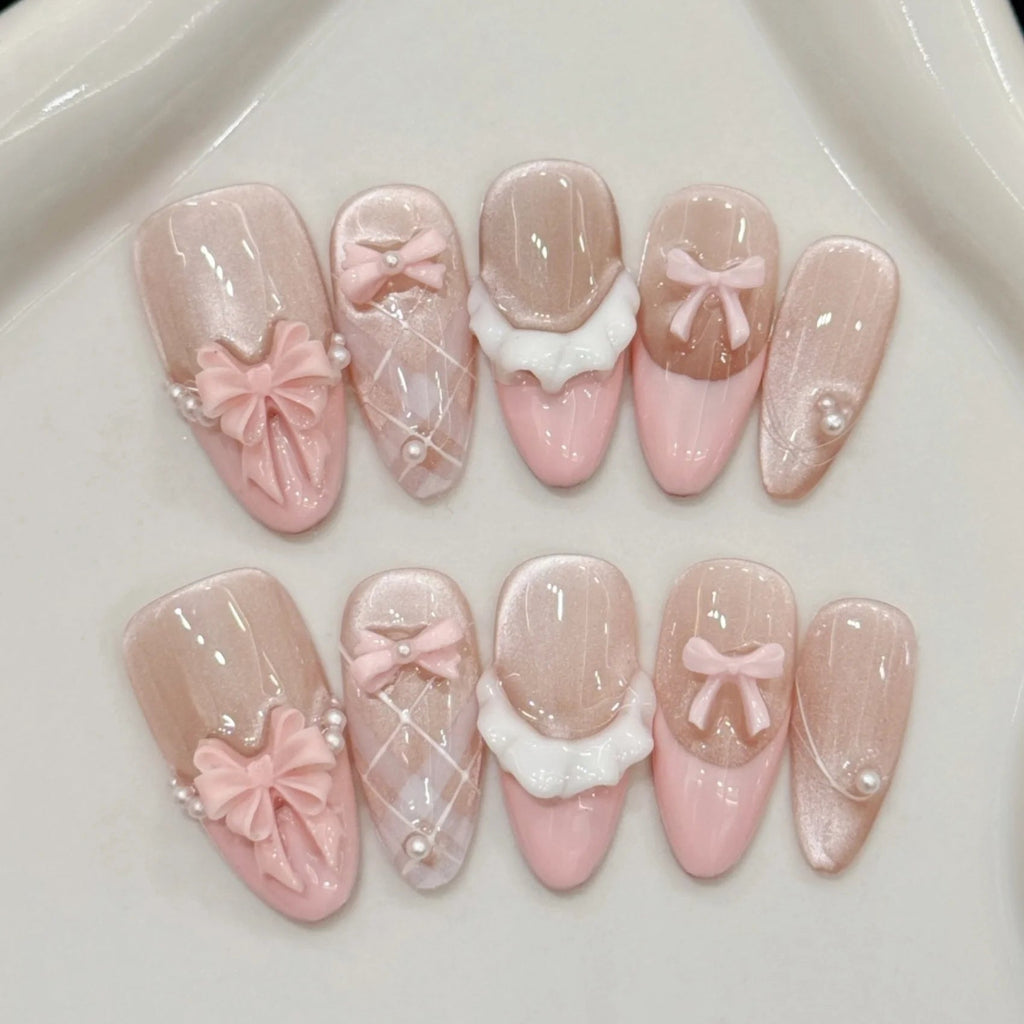 10pcs Purple Cat's Eye Handmade Fake Nails Tips Glitter Mid - length Oval Press on Nails Art Bow Rhinestone Design False Nail Sets - Hands of Hope