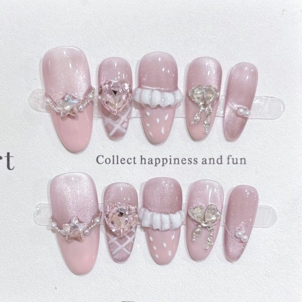 10pcs Purple Cat's Eye Handmade Fake Nails Tips Glitter Mid - length Oval Press on Nails Art Bow Rhinestone Design False Nail Sets - Hands of Hope