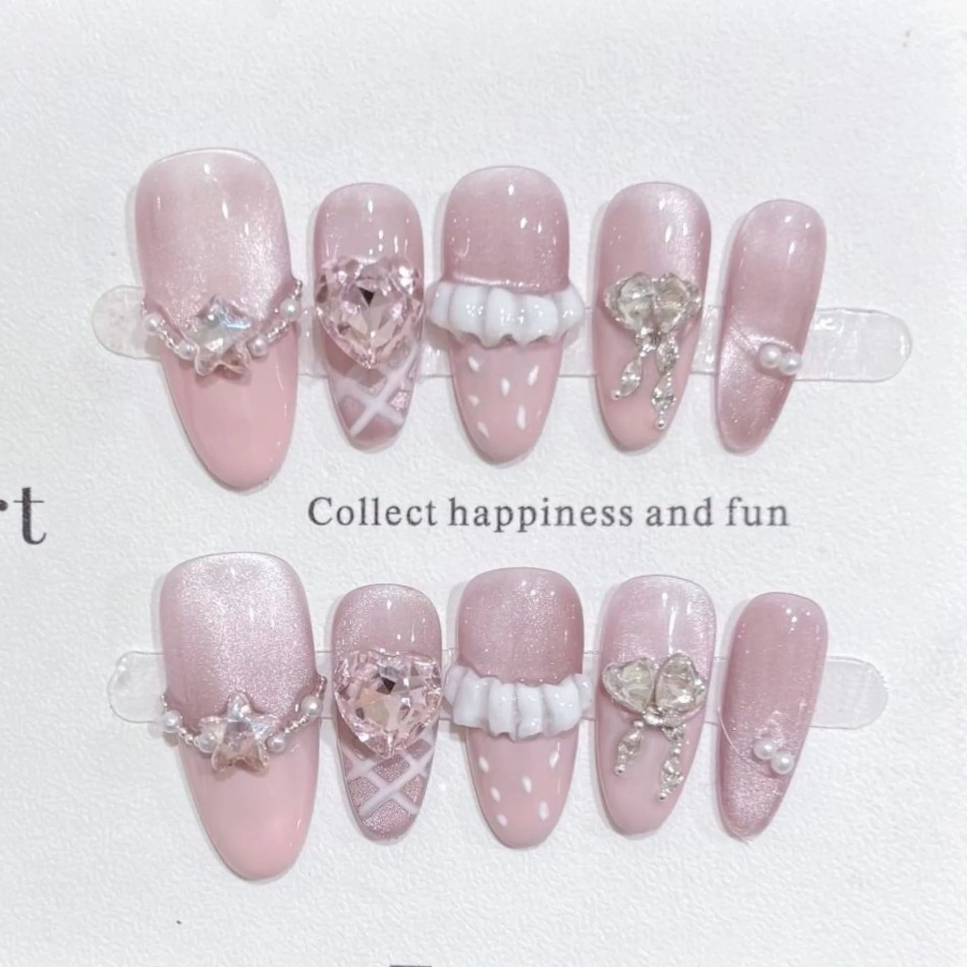 10pcs Purple Cat's Eye Handmade Fake Nails Tips Glitter Mid - length Oval Press on Nails Art Bow Rhinestone Design False Nail Sets - Hands of Hope