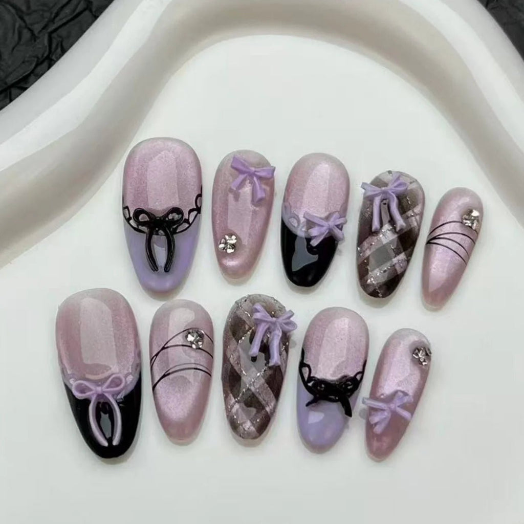 10pcs Purple Cat's Eye Handmade Fake Nails Tips Glitter Mid - length Oval Press on Nails Art Bow Rhinestone Design False Nail Sets - Hands of Hope