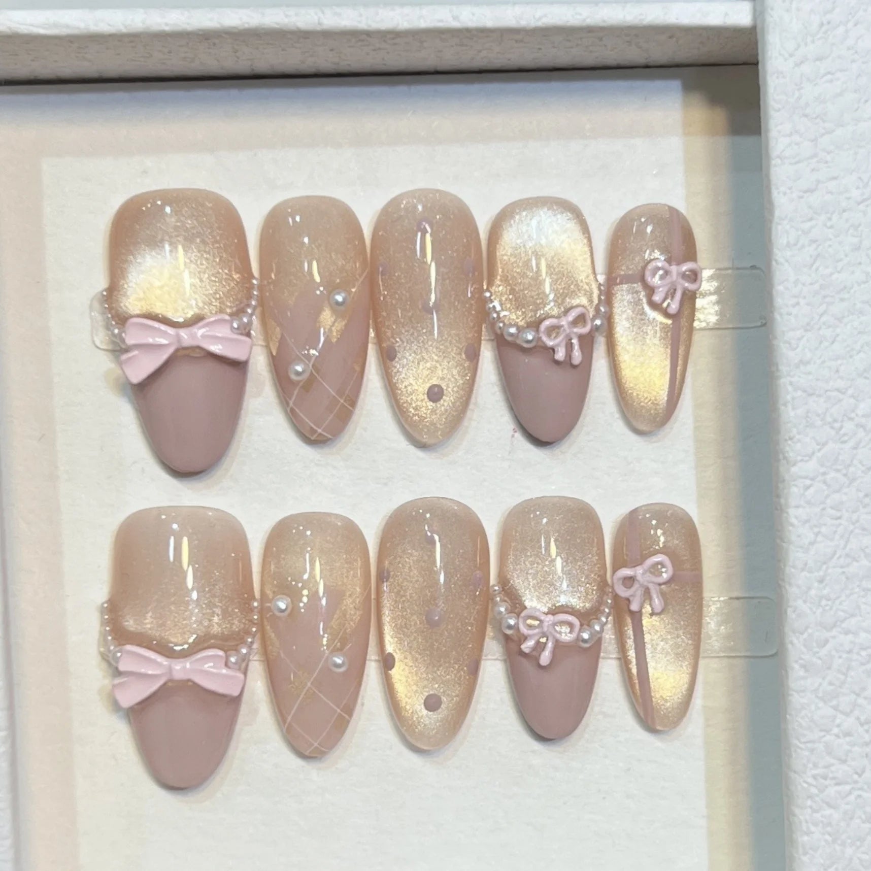 10pcs Purple Cat's Eye Handmade Fake Nails Tips Glitter Mid - length Oval Press on Nails Art Bow Rhinestone Design False Nail Sets - Hands of Hope