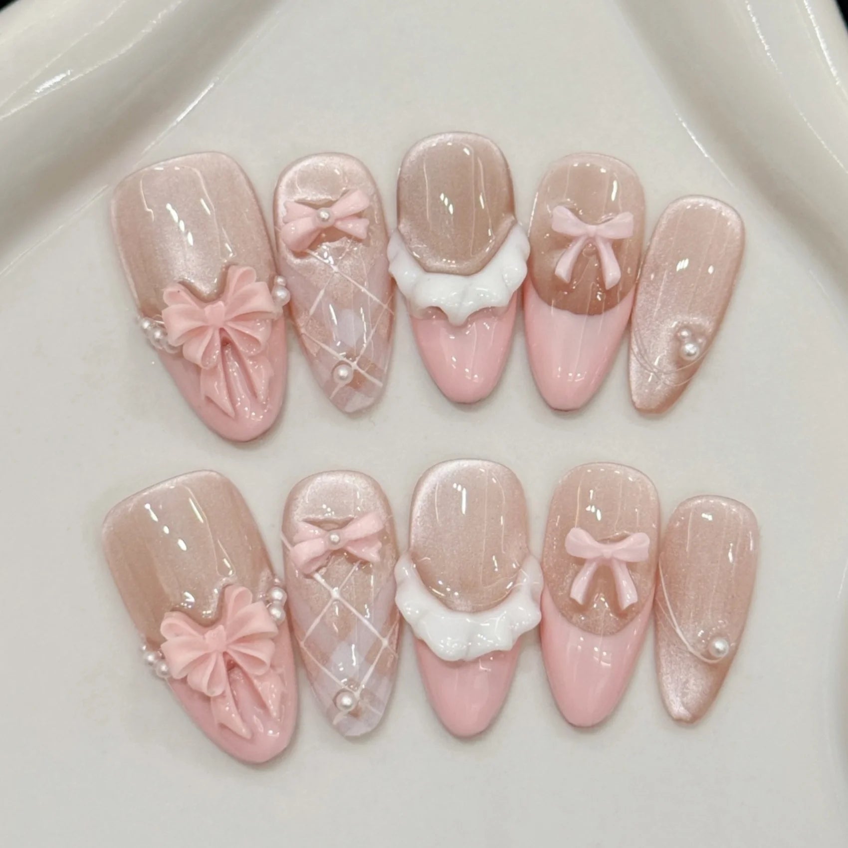 10pcs Purple Cat's Eye Handmade Fake Nails Tips Glitter Mid - length Oval Press on Nails Art Bow Rhinestone Design False Nail Sets - Hands of Hope