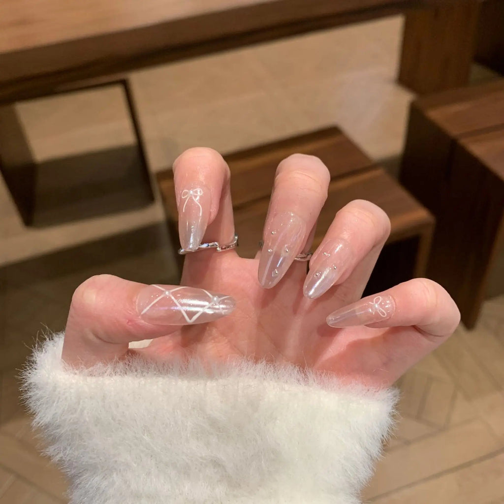 10pcs Purple Cat's Eye Handmade Fake Nails Tips Glitter Mid - length Oval Press on Nails Art Bow Rhinestone Design False Nail Sets - Hands of Hope