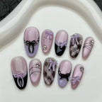 10pcs Purple Cat's Eye Handmade Fake Nails Tips Glitter Mid - length Oval Press on Nails Art Bow Rhinestone Design False Nail Sets - Hands of Hope