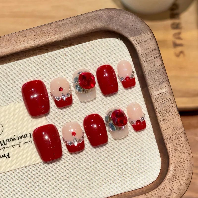 10Pcs Red Cat Eye Handmade Press on Nails Flower Fake Nails Wearable Stick - on Nails Full Cover False Nail Uñas Postizas 네일팁 - Hands of Hope