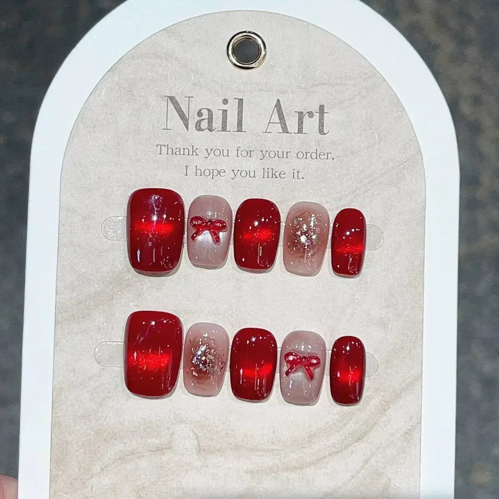 10Pcs Red Cat Eye Handmade Press on Nails Flower Fake Nails Wearable Stick - on Nails Full Cover False Nail Uñas Postizas 네일팁 - Hands of Hope