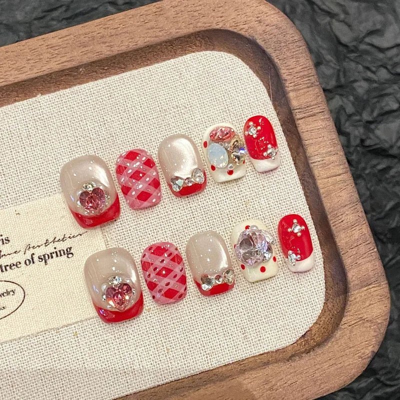 10Pcs Red Cat Eye Handmade Press on Nails Flower Fake Nails Wearable Stick - on Nails Full Cover False Nail Uñas Postizas 네일팁 - Hands of Hope