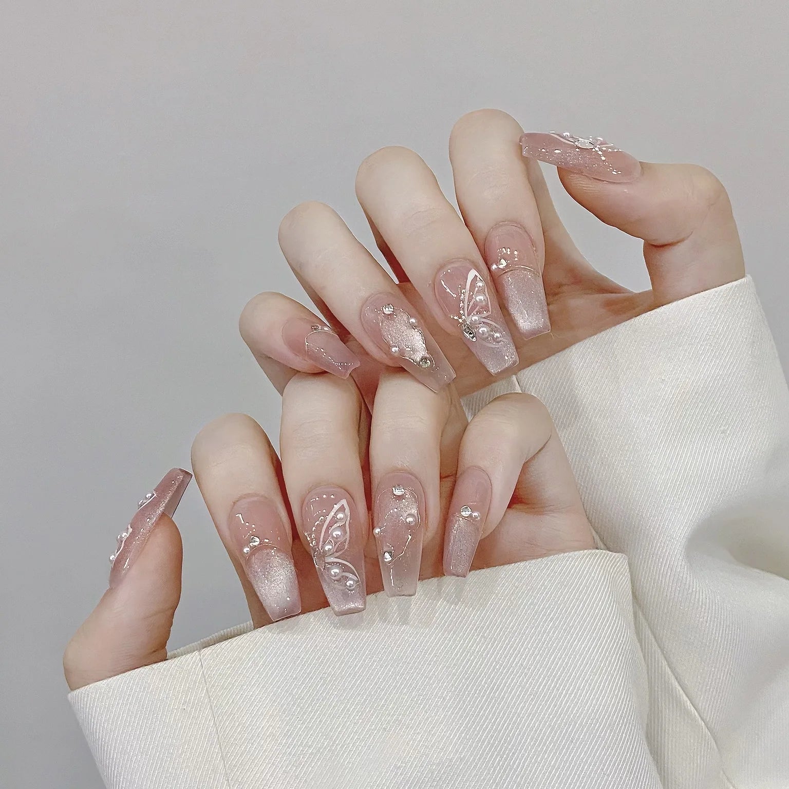 10Pcs Reuse Finished Fake Nails with Butterfly Deisgn Pink Cat's Eye French Handmade Press on False Nails Wearable Nail Art Tips - Hands of Hope