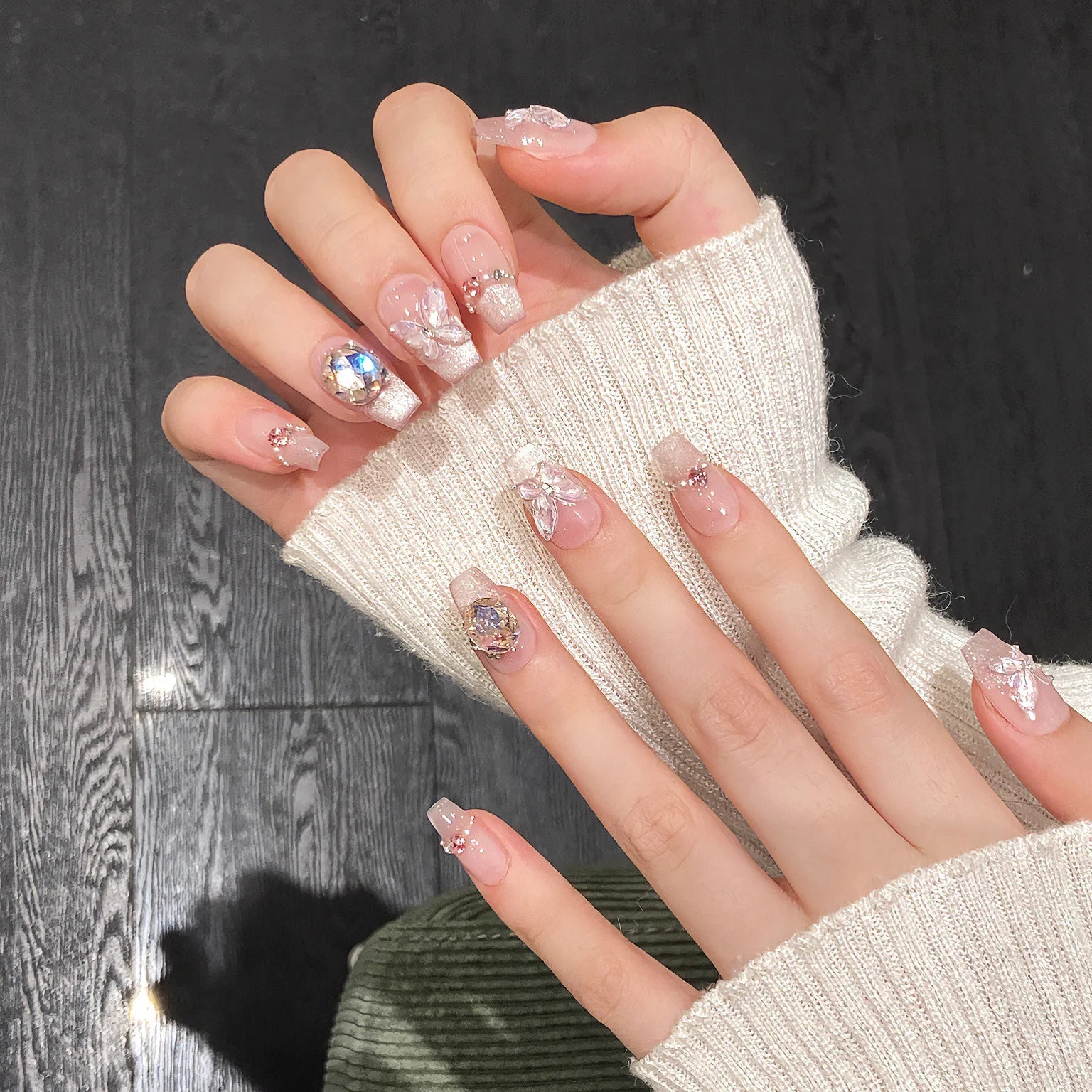 10Pcs Reuse Finished Fake Nails with Butterfly Deisgn Pink Cat's Eye French Handmade Press on False Nails Wearable Nail Art Tips - Hands of Hope