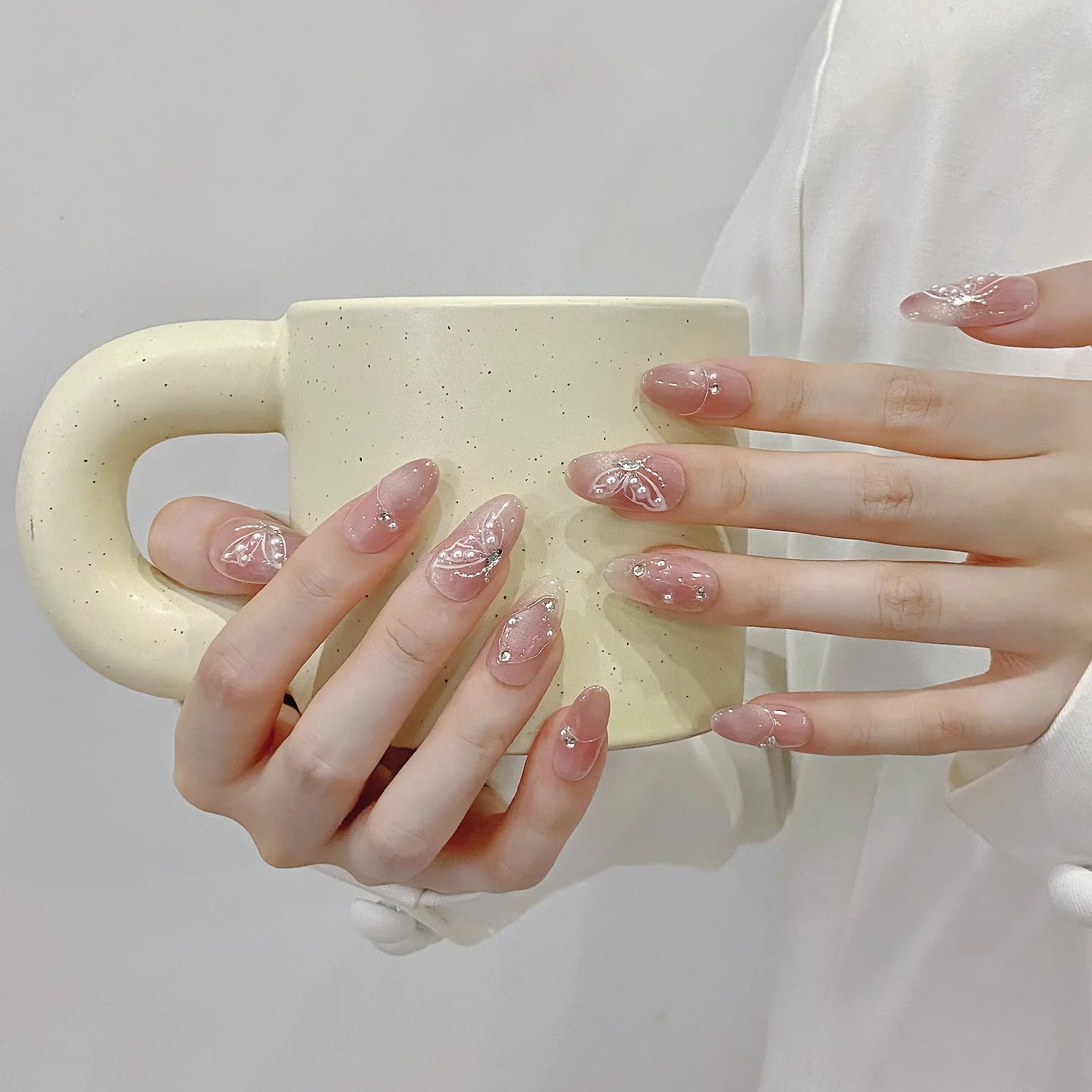 10Pcs Reuse Finished Fake Nails with Butterfly Deisgn Pink Cat's Eye French Handmade Press on False Nails Wearable Nail Art Tips - Hands of Hope