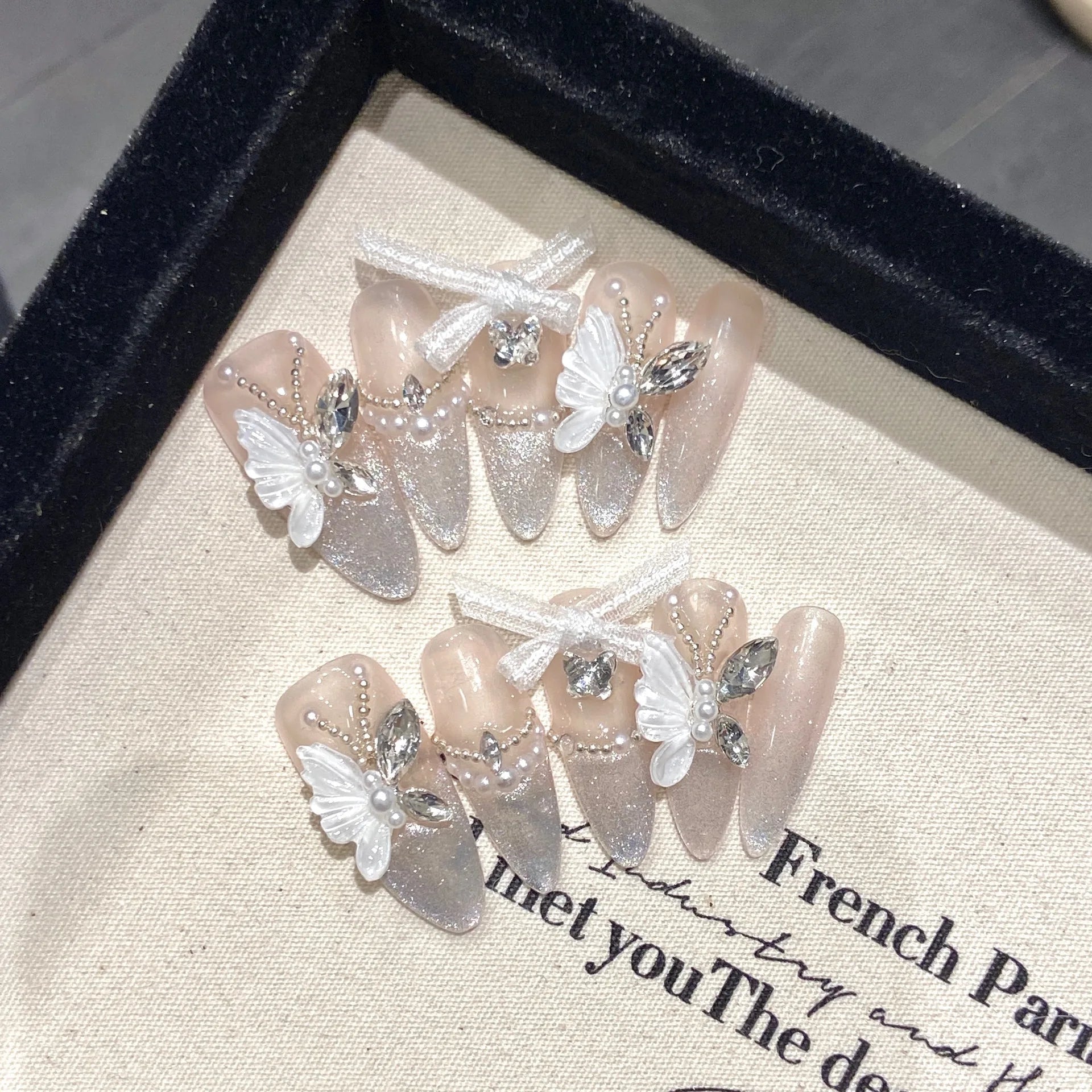 10Pcs Reuse Finished Fake Nails with Butterfly Deisgn Pink Cat's Eye French Handmade Press on False Nails Wearable Nail Art Tips - Hands of Hope