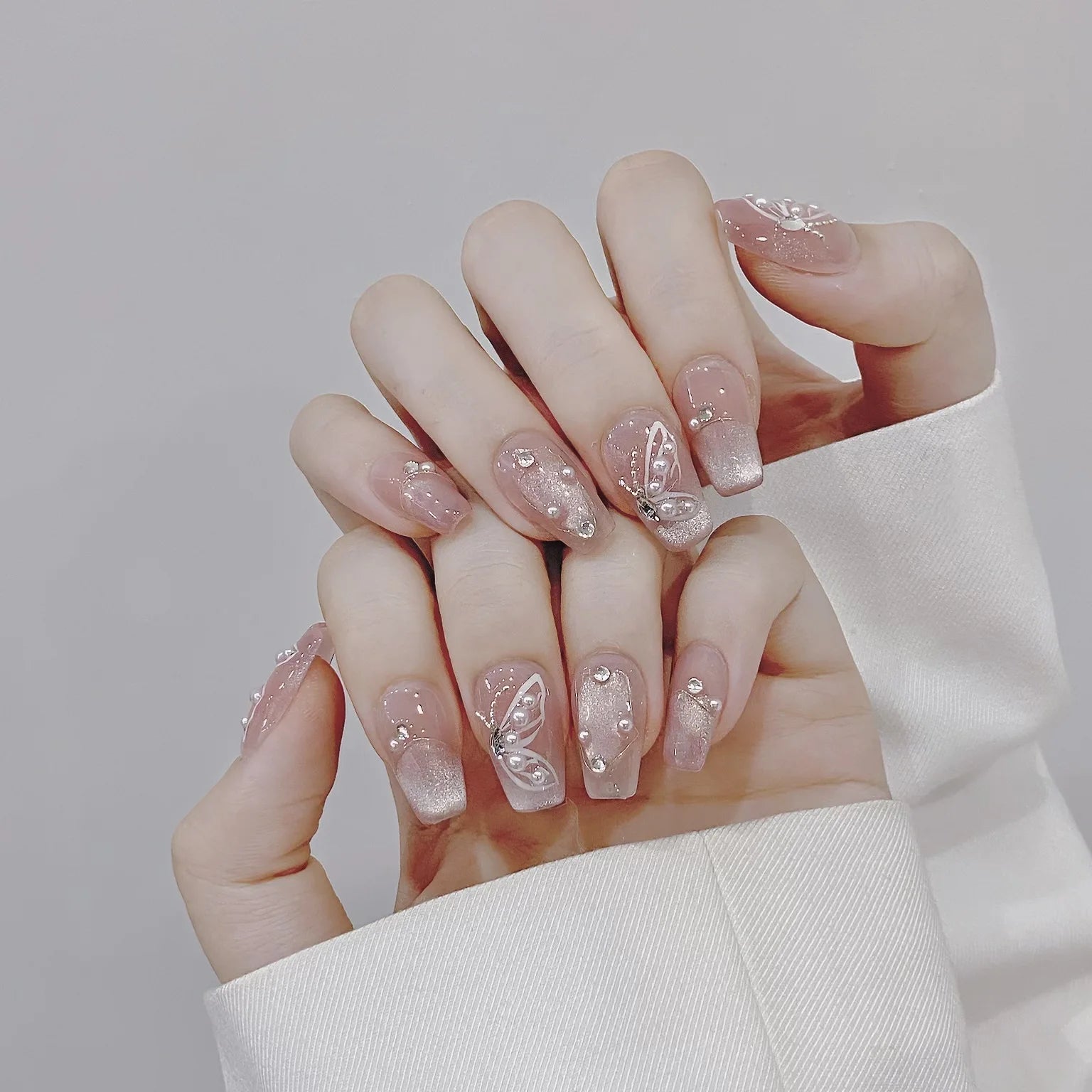 10Pcs Reuse Finished Fake Nails with Butterfly Deisgn Pink Cat's Eye French Handmade Press on False Nails Wearable Nail Art Tips - Hands of Hope