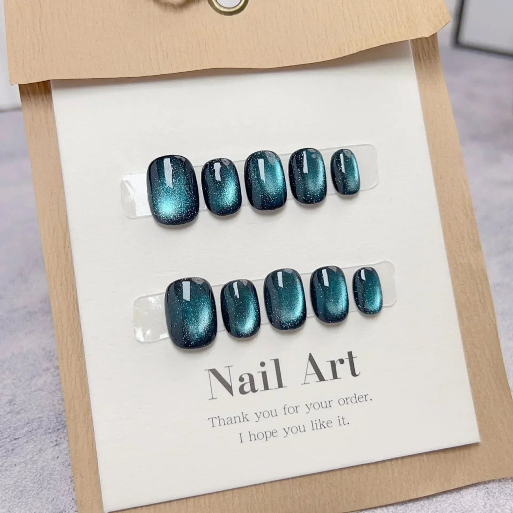 10Pcs Short Ballerina Handmade Press on Nails Blue Cat Eye Fake Nails Wearable Stick - on Nails Full Cover False Nail Uñas 네일팁 - Hands of Hope