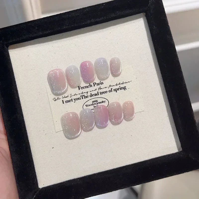 10Pcs Short Ballerina Handmade Press on Nails Blue Cat Eye Fake Nails Wearable Stick - on Nails Full Cover False Nail Uñas 네일팁 - Hands of Hope