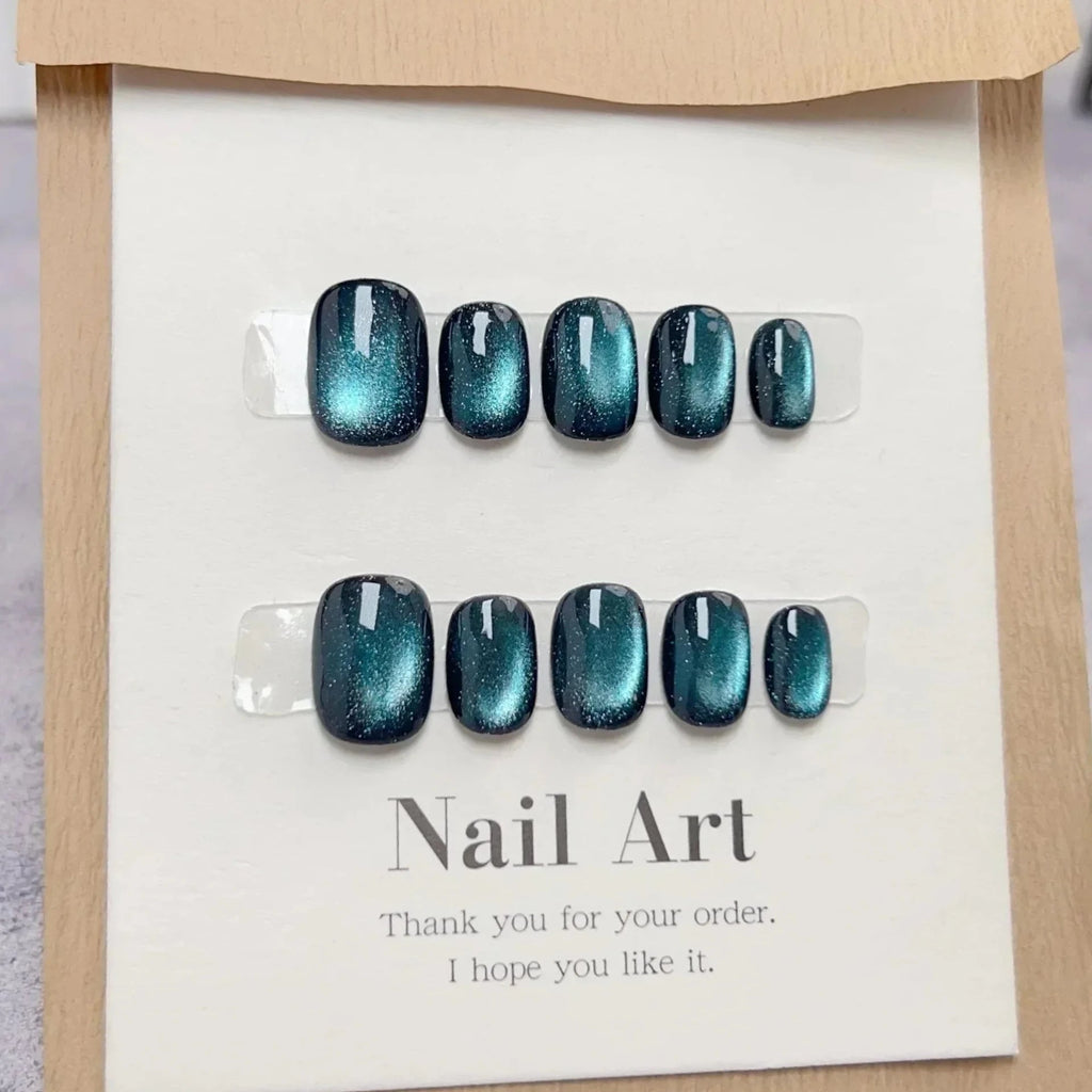 10Pcs Short Ballerina Handmade Press on Nails Blue Cat Eye Fake Nails Wearable Stick - on Nails Full Cover False Nail Uñas 네일팁 - Hands of Hope
