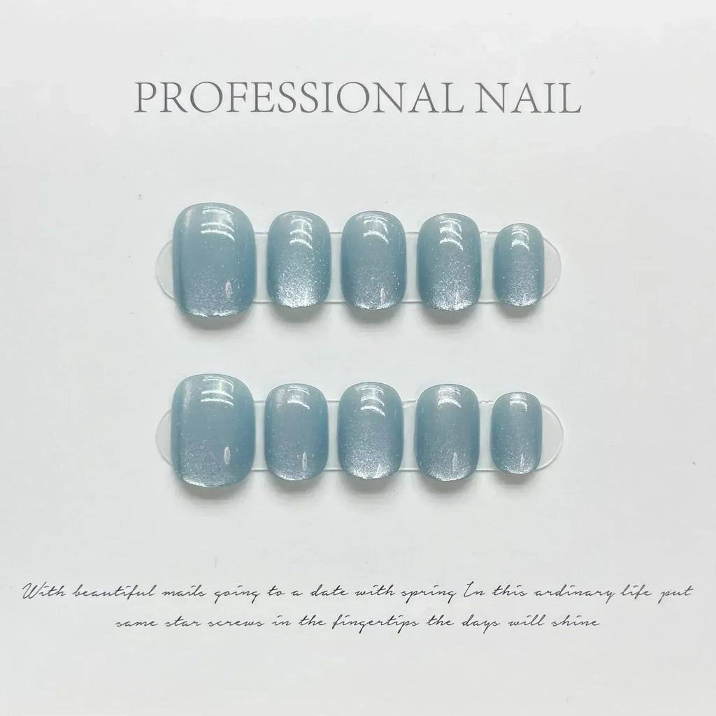 10Pcs Short Ballerina Handmade Press on Nails Blue Cat Eye Fake Nails Wearable Stick - on Nails Full Cover False Nail Uñas 네일팁 - Hands of Hope