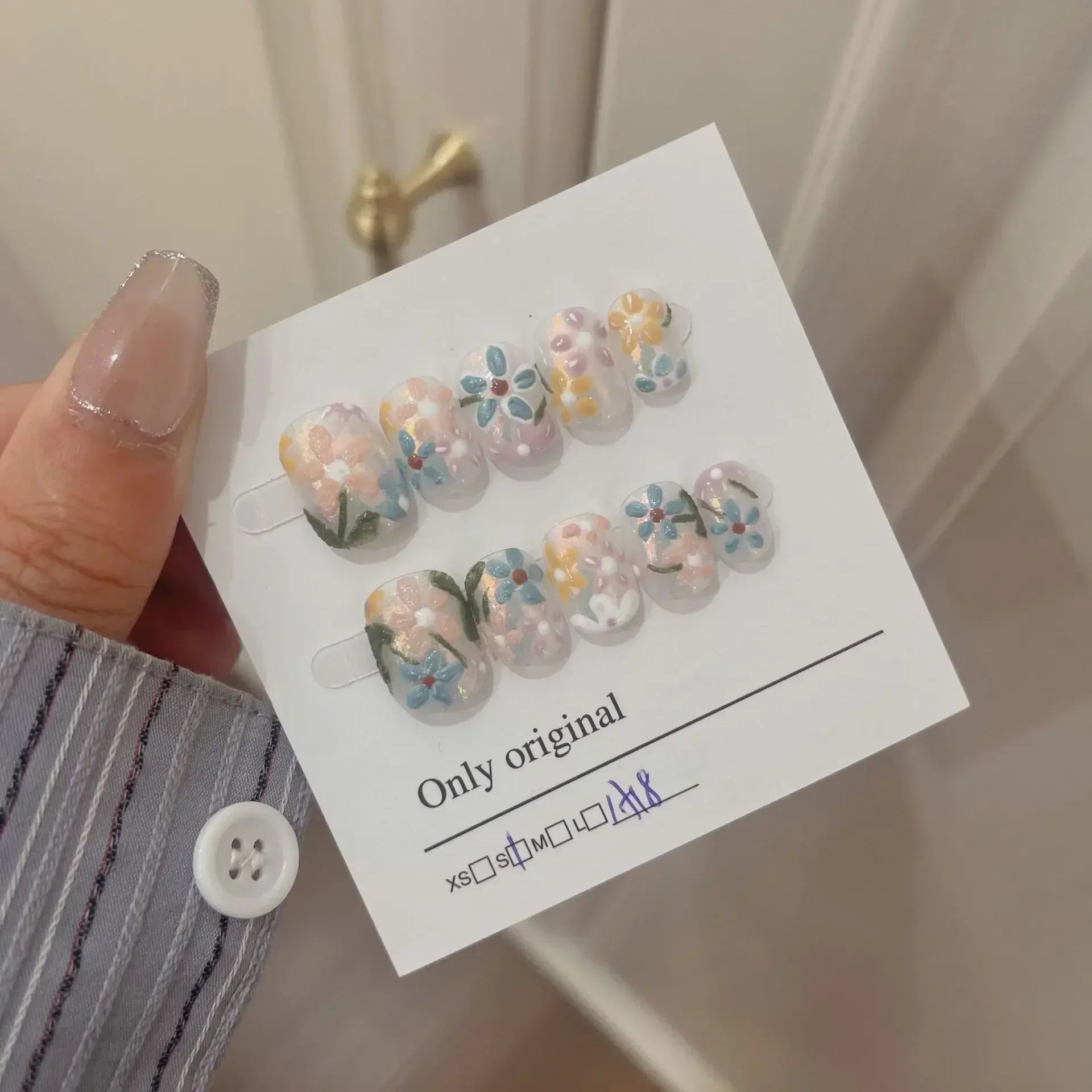 10Pcs Short Handmade Pink Press on Nails Spring French Rhinestone Full Cover Fake Nail Plaid Manicure Wearable Nail Tips Art - Hands of Hope