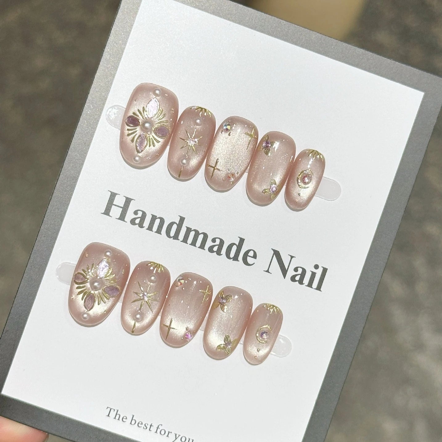 10Pcs Short Handmade Pink Press on Nails Spring French Rhinestone Full Cover Fake Nail Plaid Manicure Wearable Nail Tips Art - Hands of Hope