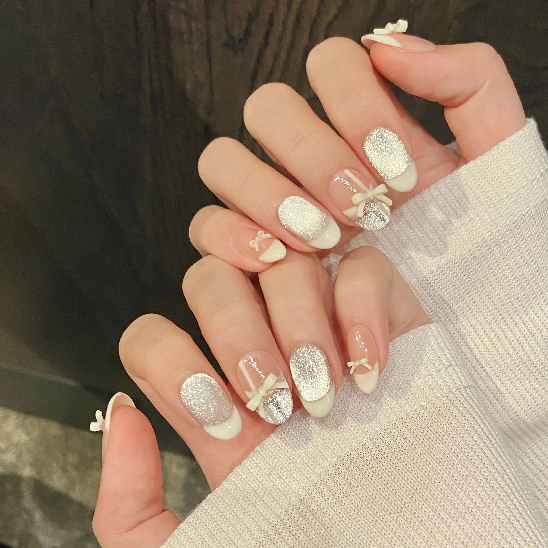 10pcs Short Oval Handmade False Nails Art Cute Cherry Bow Design Full Cover Nail Tips Gradient Pink Fake Nail Set Press on Nails - Hands of Hope