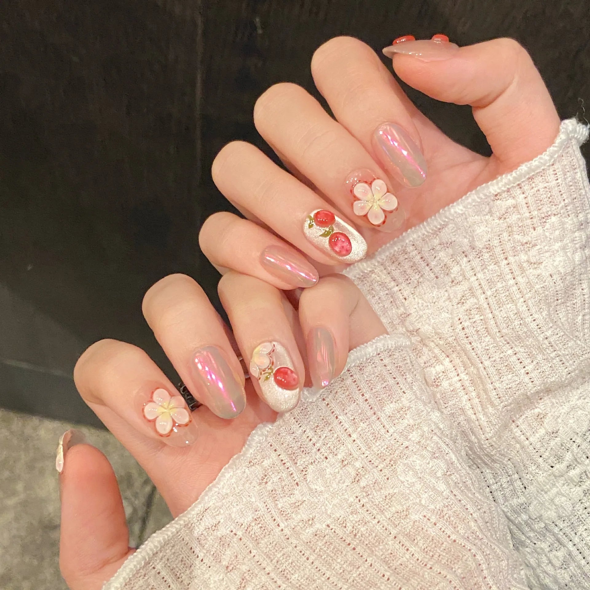 10pcs Short Oval Handmade False Nails Art Cute Cherry Bow Design Full Cover Nail Tips Gradient Pink Fake Nail Set Press on Nails - Hands of Hope