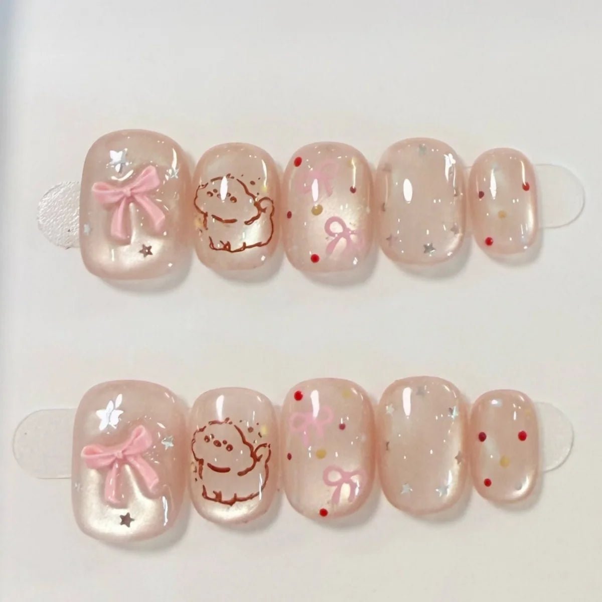 10pcs Short Oval Handmade False Nails Art Cute Cherry Bow Design Full Cover Nail Tips Gradient Pink Fake Nail Set Press on Nails - Hands of Hope