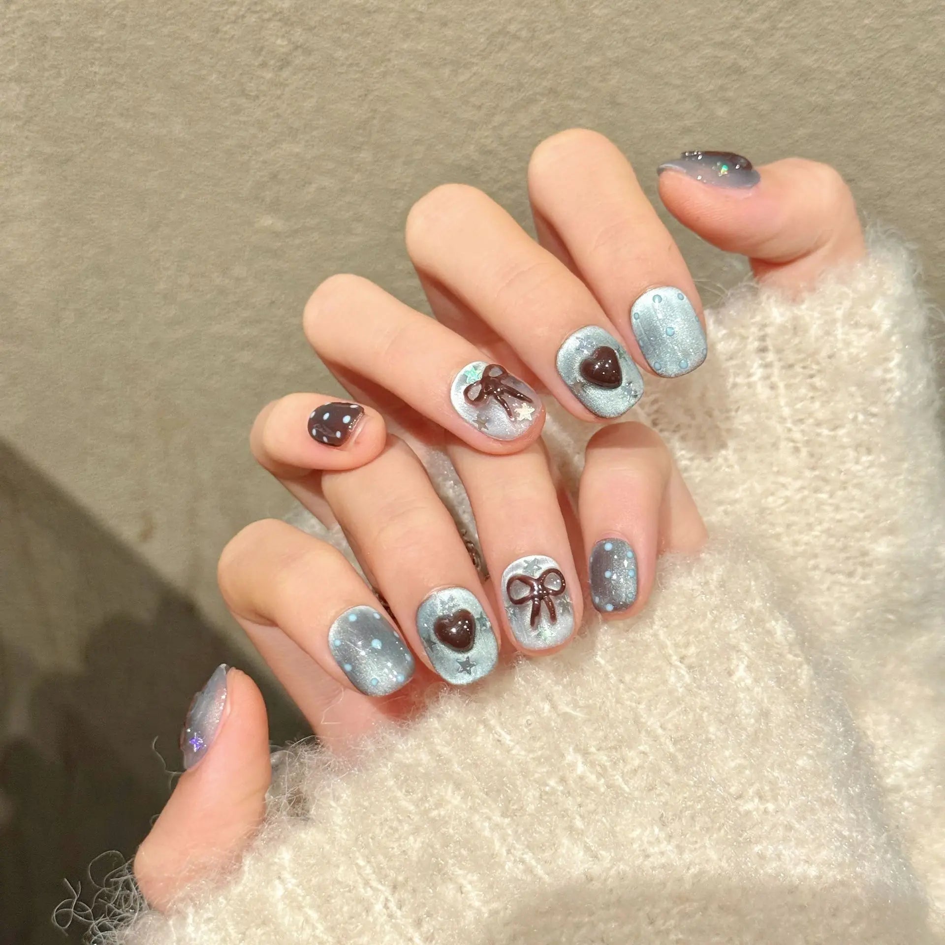 10pcs Short Oval Handmade False Nails Art Cute Cherry Bow Design Full Cover Nail Tips Gradient Pink Fake Nail Set Press on Nails - Hands of Hope