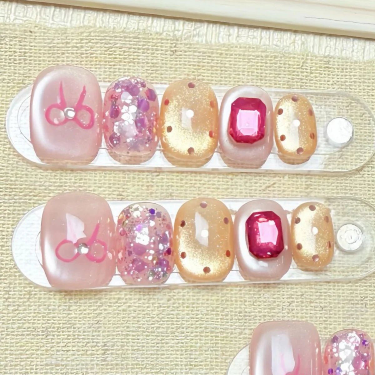 10pcs Short Oval Handmade False Nails Art Cute Cherry Bow Design Full Cover Nail Tips Gradient Pink Fake Nail Set Press on Nails - Hands of Hope