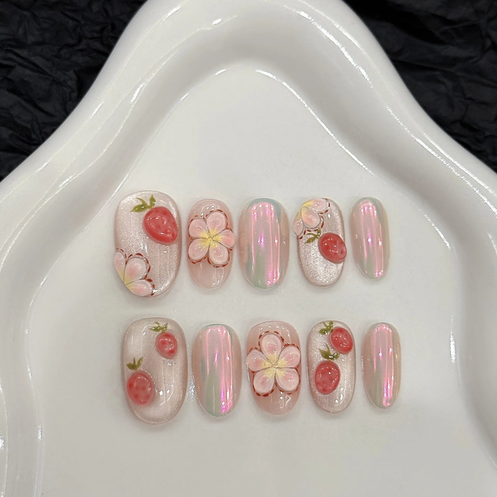 10pcs Short Oval Handmade False Nails Art Cute Cherry Bow Design Full Cover Nail Tips Gradient Pink Fake Nail Set Press on Nails - Hands of Hope