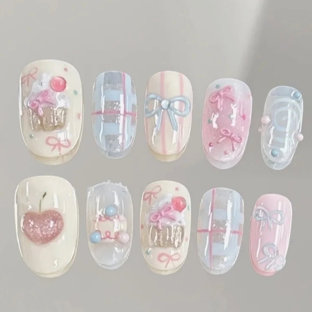 10pcs Short Oval Handmade False Nails Art Cute Cherry Bow Design Full Cover Nail Tips Gradient Pink Fake Nail Set Press on Nails - Hands of Hope