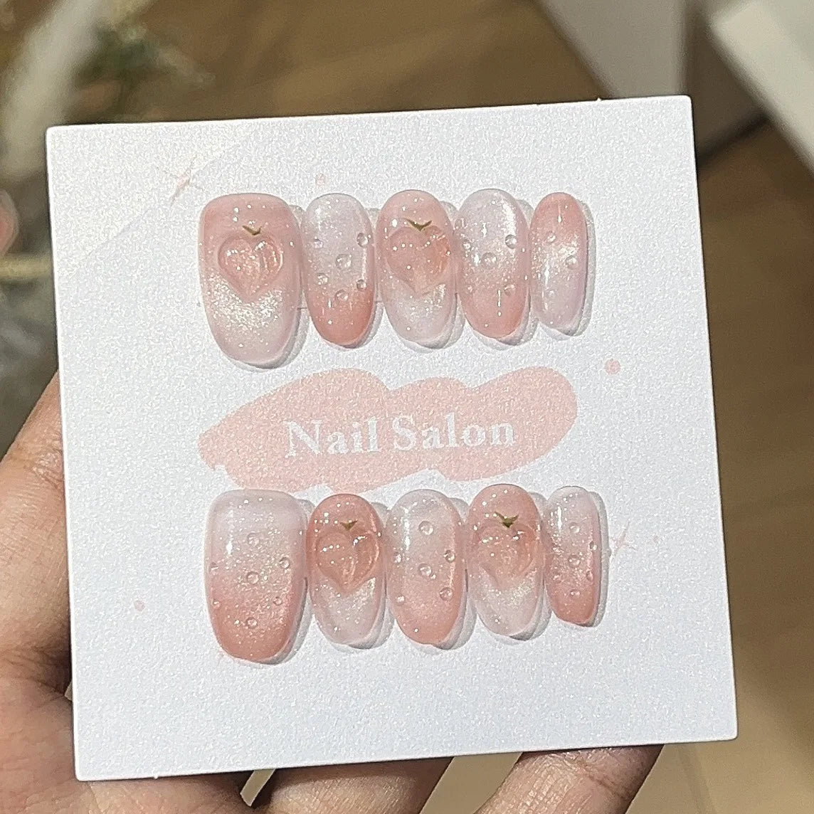 10pcs Short Oval Handmade False Nails Art Cute Cherry Bow Design Full Cover Nail Tips Gradient Pink Fake Nail Set Press on Nails - Hands of Hope