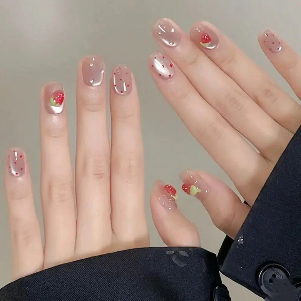 10pcs Short Square Cat Eye Handmade Press On Nails Strawberry Fake Nails Cute Wearable Reusable Full Cover Girls False Nail - Hands of Hope