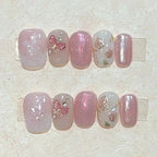 10Pcs Short Square Handmade Press On Nails Full Cover Flower Cat Eye Small Fresh Ballet False Nails Wearable Manicure Nail Tips - Hands of Hope