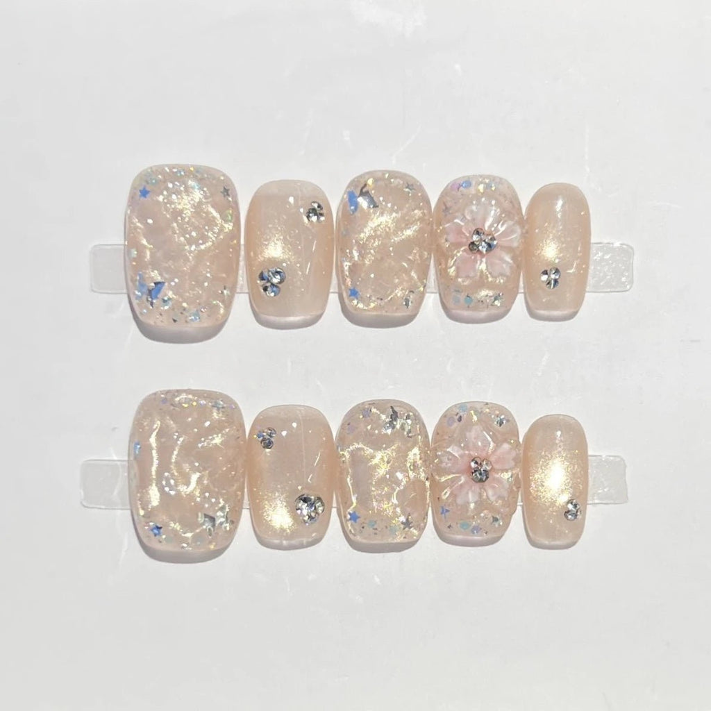 10Pcs Short Square Handmade Press On Nails Full Cover Flower Cat Eye Small Fresh Ballet False Nails Wearable Manicure Nail Tips - Hands of Hope