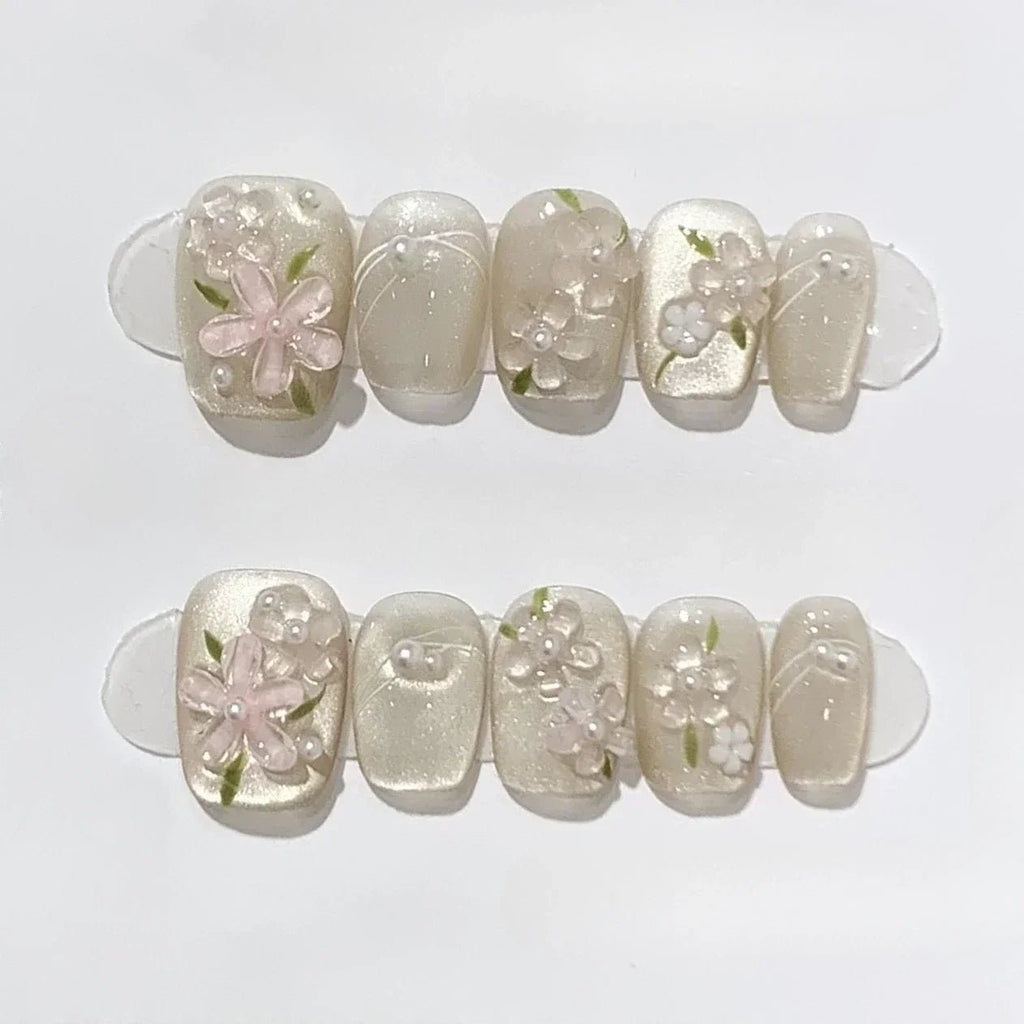 10Pcs Short Square Handmade Press On Nails Full Cover Flower Cat Eye Small Fresh Ballet False Nails Wearable Manicure Nail Tips - Hands of Hope